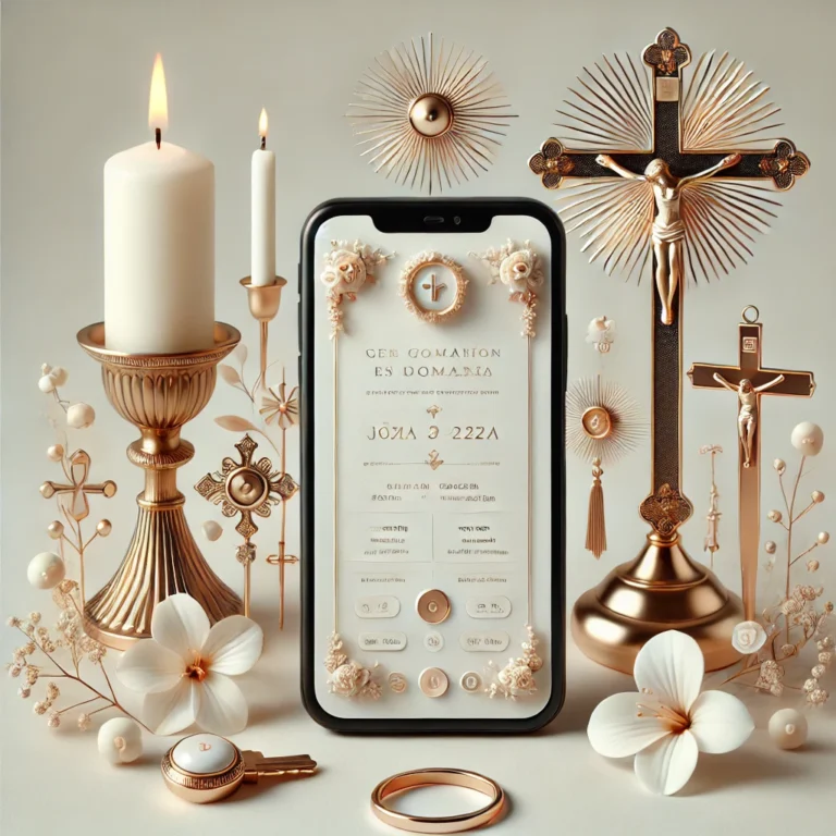 DALL·E 2025-02-15 11.39.58 - Una imagen elegante y espiritual que represente invitaciones digitales personalizadas para una primera comunión. La imagen muestra un teléfono móvil c