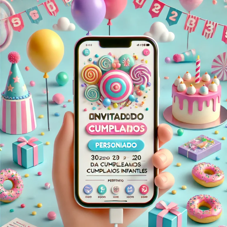 DALL·E 2025-02-18 17.37.08 - Una imagen colorida y alegre que represente invitaciones digitales personalizadas para cumpleaños infantiles. La imagen muestra un teléfono móvil con